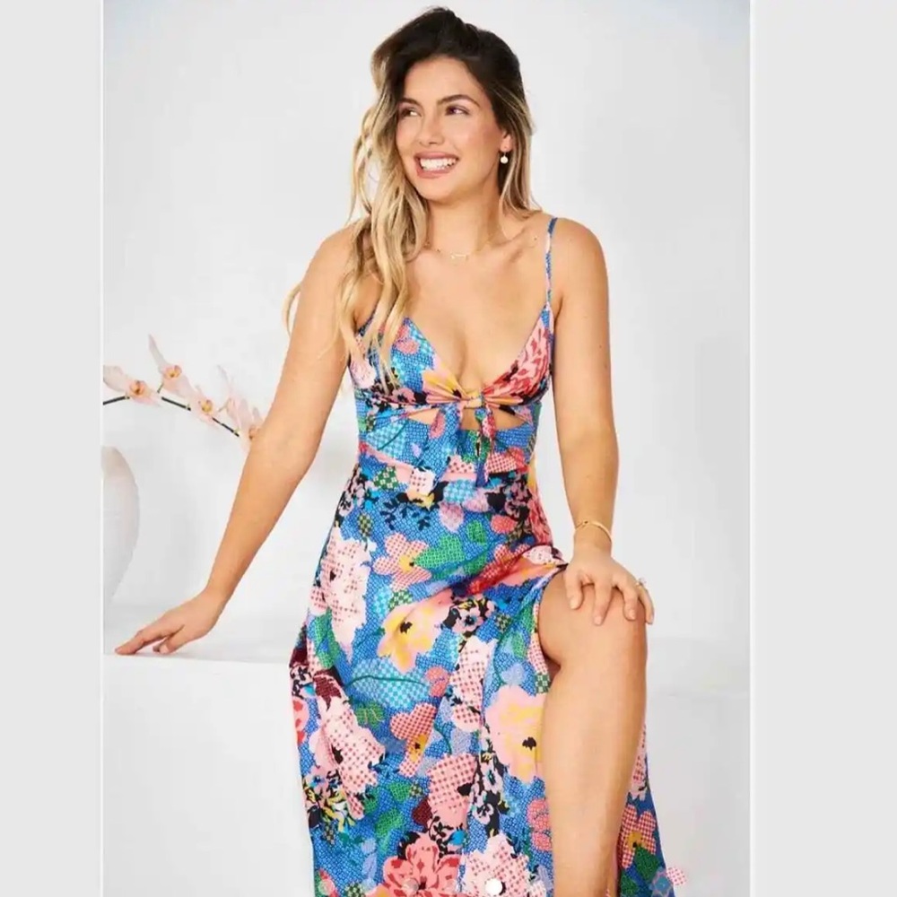 Esther & Co rainbow multicolor patchwork floral midi dress Karago Size US 4